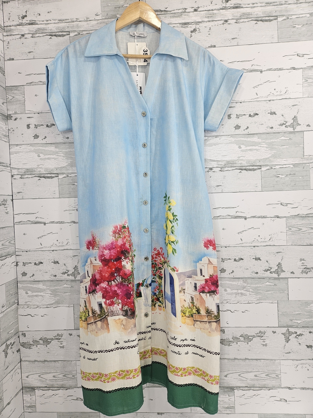 Light Blue‎ Midi Shirt Dress with Floral Coastal Print